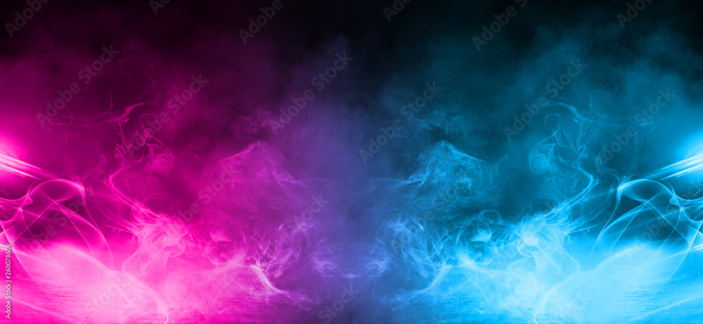 Poster empty background scene. dark street, a reflection of blue and pink neon light on wet pavement. rays 