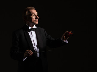 Emotional portrait of the conductor gesticulating with his hands on a light background. - obrazy, fototapety, plakaty
