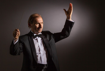 Emotional portrait of the conductor gesticulating with his hands on a light background.