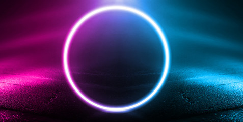 Empty background scene. Dark street, a reflection of blue and pink neon light on wet pavement. Rays of light in the dark, smoke. Night view of the street, the city. Abstract dark background.