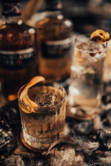 A close up shot of whisky cocktails with ice cubes. Concept of fine alcohol, beverage and cocktails.