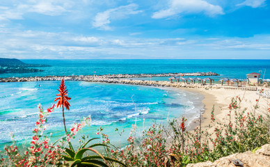 Hilton Bay Beach on Tel Aviv, Israel - obrazy, fototapety, plakaty
