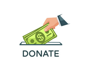 Donate Money and Charity Concept. Hand is putting a banknotes into a donation box. Vector illustration