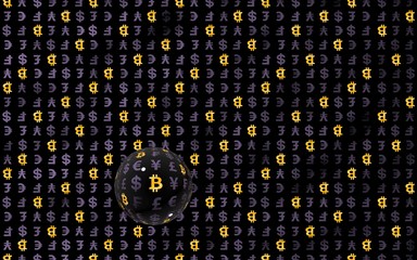 Bitcoin and currency on a dark background. Digital crypto symbol. Currency bubble, market fluctuations. Business concept. 3D illustration