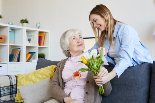 Portrait Of Young Woman Giving Flowers To Elderly Mother On Mothers Day, Copy Space