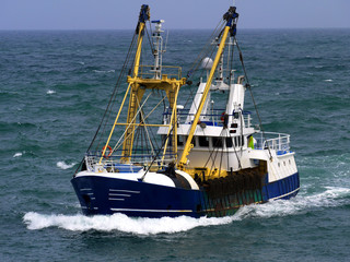 Fishing boat in choppy sea underway to harbour to discharge fish.