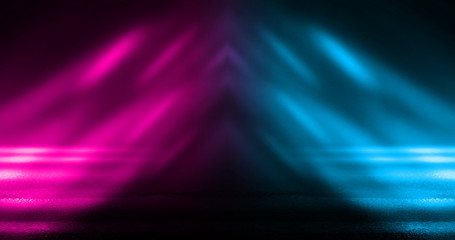 Empty background scene. Dark street, a reflection of blue and pink neon light on wet pavement. Rays of light in the dark, smoke. Night view of the street, the city. Abstract dark background.