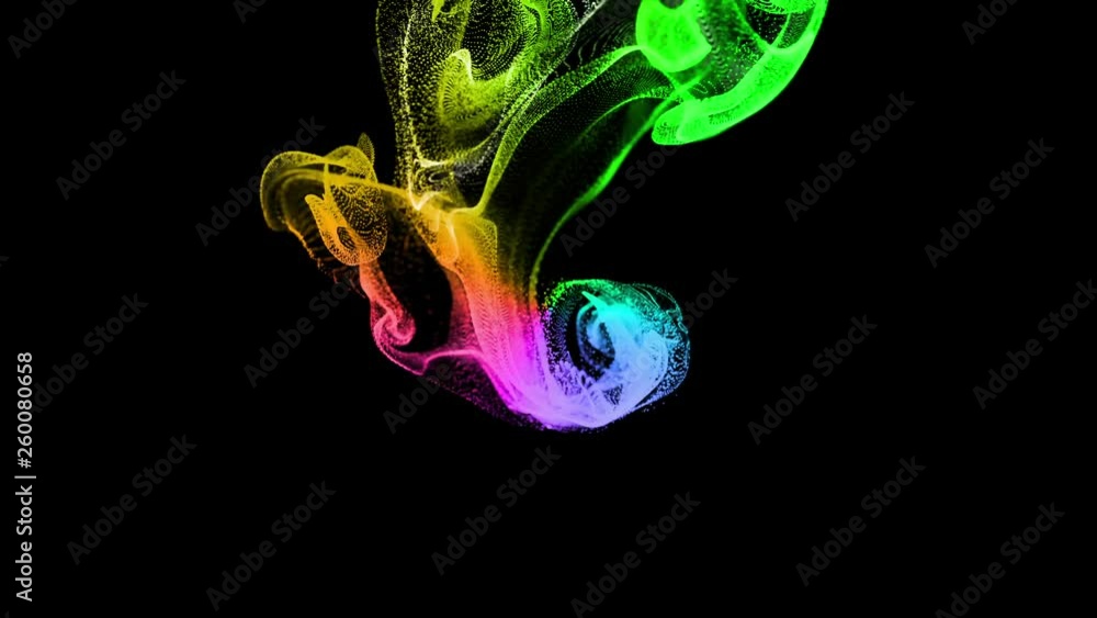 Poster 4k glow particles move in a stream of liquid in front of the camera in slow motion. 3d ink effect fo