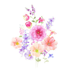 Fototapeta na wymiar Painted watercolor composition of flowers in pastel colors