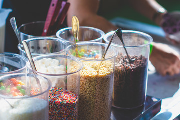 range of decor sweet for sweets, ice cream in transparent glass jars