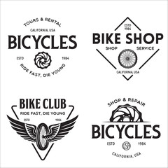 Fototapeta premium Set of vintage and modern bike shop logo badges and labels. Cycle wheel isolated vector. Old style bicycle shop and repair logotypes.