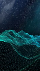 Abstract landscape on a dark background. Cyberspace grid. Hi-tech network. Outer space. Vertical orientation. Starry outer space texture. 3D illustration