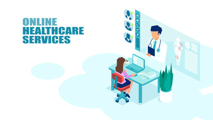 Vector of a patient meeting a doctor online using modern computer technology.