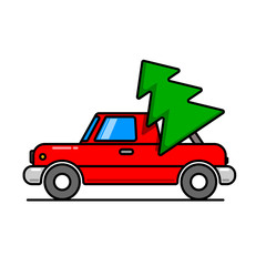 sticker, label sale, in the form of a red car carrying a Christmas tree. contour of carving