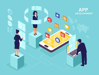 Isometric vector of business people software engineers developing new mobile apps.