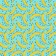 Seamless vector pattern of yellow bananas on a blue background.