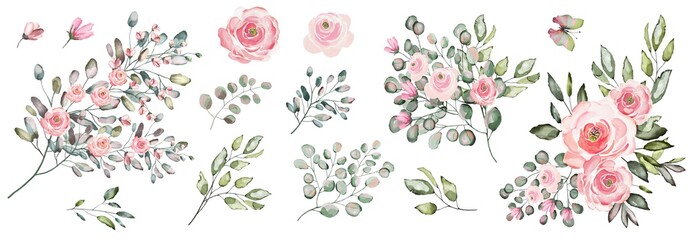 Set of floral arrangements. Watercolor drawing of twigs with leaves and flowers. Botanical illustration .Composition of pink roses and wild herbs. - 260082021