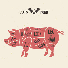 Meat cuts - pork. Diagrams for butcher shop. Scheme of pork. Animal silhouette pork. Guide for cutting.