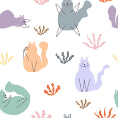 Romantic seamless pattern with cats and stylish flowers.  Creative childish texture. Cartoon cats vector illustration in scandinavian style. Great for fabric, textile.
