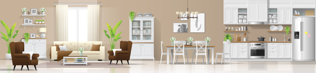Modern rustic house interior background with living room , dining room and kitchen combination , vector , illustration