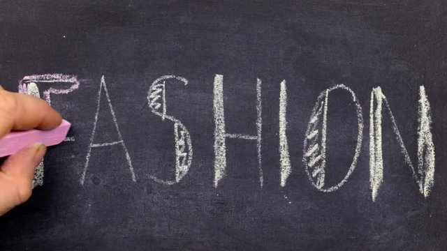 Word FASHION, written by hand in chalk on a blackboard.