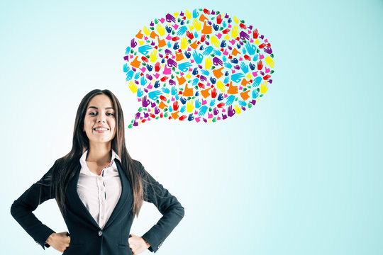Attractive businesswoman with speech bubble