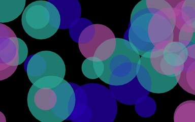 Multicolored translucent circles on a dark background. Pink tones. 3D illustration