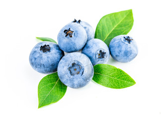 Isolated blueberry. Fresh blueberries with leaves isolated on white background