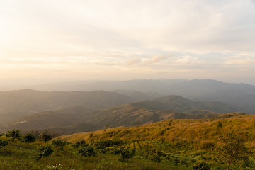 Fototapeta na wymiar Landscape of overlook mountain field in sunset time on top of view point in thailand.