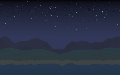 Fototapeta premium Starry moonless sky. Ocean shore line with waves on a beach. Island beach paradise with waves. Vacation, summer, relaxation. Seascape, seashore. Minimalist landscape, primitivism. 3D illustration