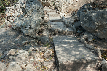 Stone staircase leading from the St. George Monastery on Cape Fiolent, Crimea Peninsula, to the Black Sea