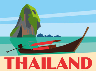 Thailand travel postcard poster. National boat in the bay on the background of the rocks. Vector drawing