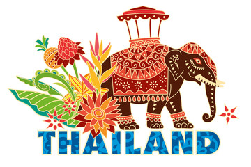 Thailand tourist sticker. Decorative elephant stylized flowers. Vector drawing