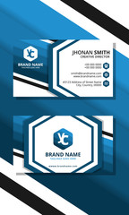 Blue hexagon modern creative business card and name card,horizontal simple clean template vector design, layout in rectangle size.