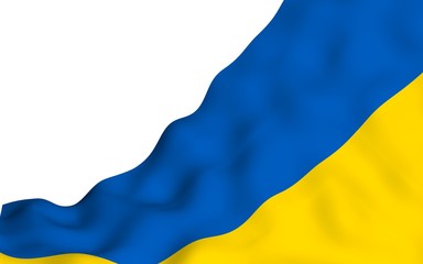 The flag of Ukraine on a white background. National flag and state ensign. Blue and yellow bicolour. 3D illustration waving flag