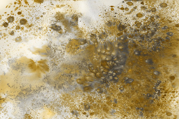 Yellow spring watercolor texture with abstract washes and brush strokes on the white paper background. Chaotic abstract organic design.