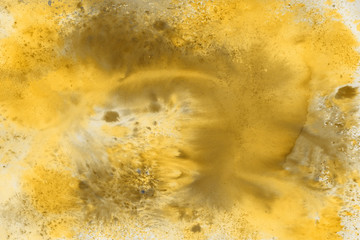 Yellow spring watercolor texture with abstract washes and brush strokes on the white paper background. Chaotic abstract organic design.