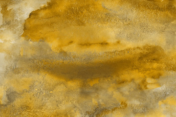 Yellow spring watercolor texture with abstract washes and brush strokes on the white paper background. Chaotic abstract organic design.