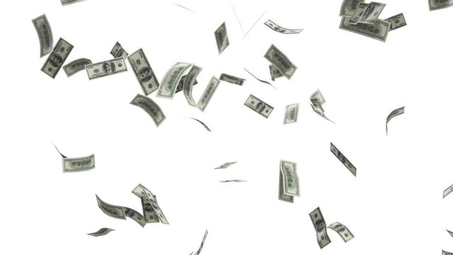 Money raining and falling down on white background. Seamless looping animation.