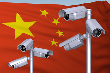 group of video cameras on background of flag of China