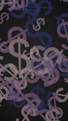 Gray translucent dollar signs on dark background. Gray tones. 3D illustration