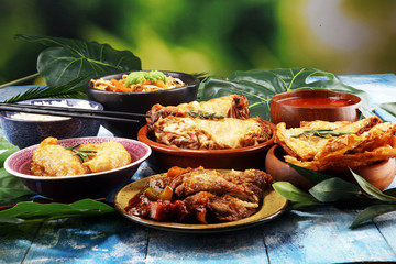 Assorted Chinese food set. Chinese noodles, fried rice, peking duck, dim sum, spring rolls. Famous...