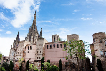 Fototapeta na wymiar Remains of the Roman Wall in the Gothic Quarter Barcelona, Catalonia, Spain