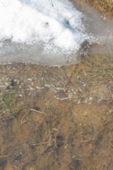 Spring flood carries the snow and turns into a puddle outside the city