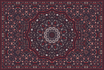 Vintage Arabic pattern. Persian colored carpet. Rich ornament for fabric design, handmade, interior decoration, textiles. Red background. - 260092669
