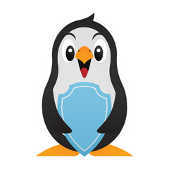Adorable Baby Penguin hug a shield for protection Cartoon Vector