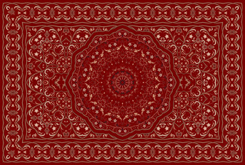 Vintage Arabic pattern. Persian colored carpet. Rich ornament for fabric design, handmade, interior decoration, textiles. Red background. - 260092868