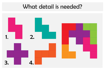 Puzzle game with colorful details for children, choose needed detail, easy level, education game for kids, preschool worksheet activity, task for development of logical thinking, vector illustration