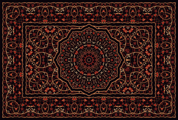 Vintage Arabic pattern. Persian colored carpet. Rich ornament for fabric design, handmade, interior decoration, textiles. Red background.