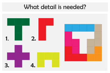 Puzzle game with colorful details for children, choose needed detail, easy level, education game for kids, preschool worksheet activity, task for development of logical thinking, vector illustration
